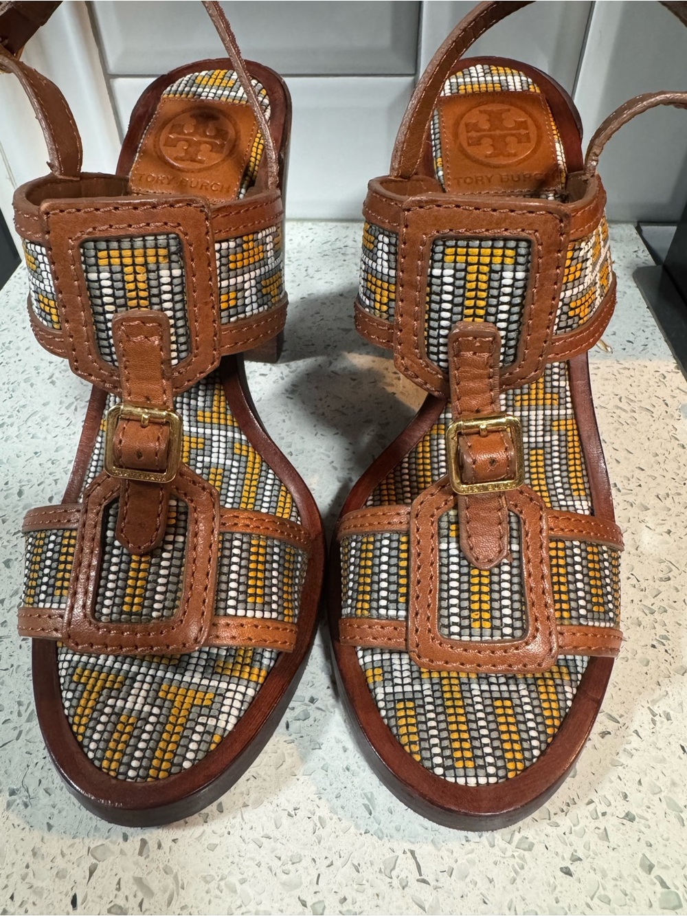 Tory Burch Tan Beaded Leather Slingback Sandals